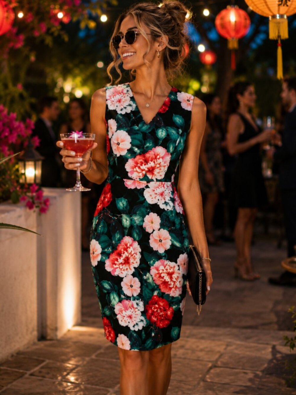 Calvin Klein Floral Sheath Dress Size 10 Black Pink V-Notch Neck Sleeveless